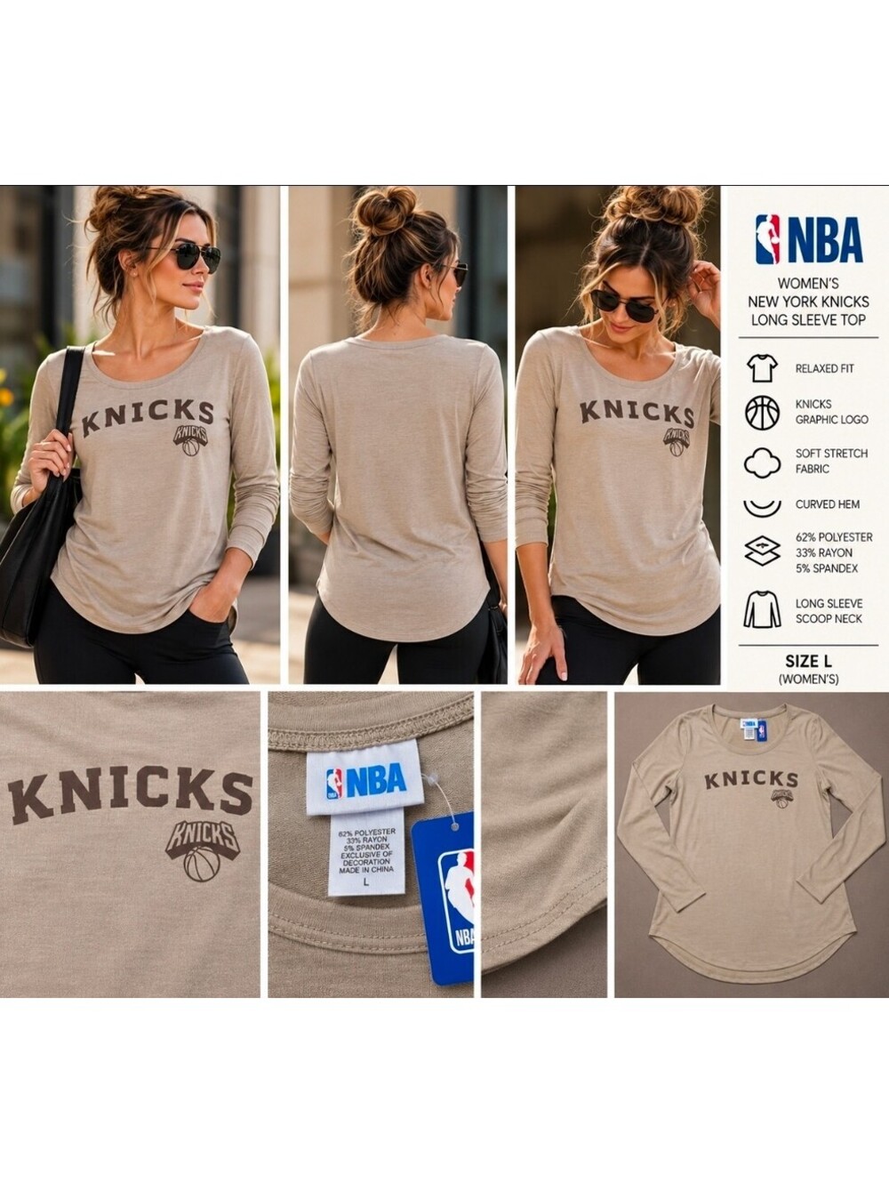 New York Knicks Women’s L Long Sleeve Shirt Tan NBA NWT Scoop Neck Curved Hem